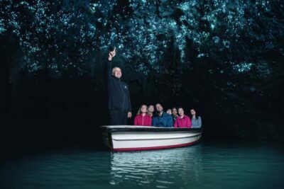 From Auckland: Hobbiton, Waitomo Caves & Kiwi House Tour - Waitomo Glowworm Caves: the boat cruise under living light
