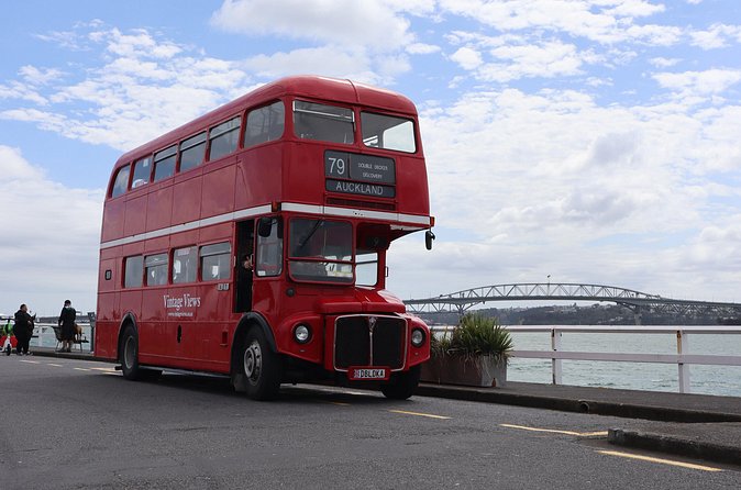 London Routemaster Double Decker Auckland Discovery - Auckland Harbour Bridge and the Waitematā Harbour: the big payoff